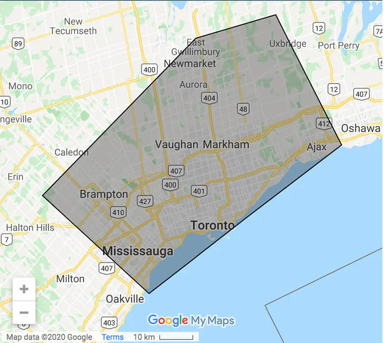map of the Toronto area that Clear results cleaning operates in