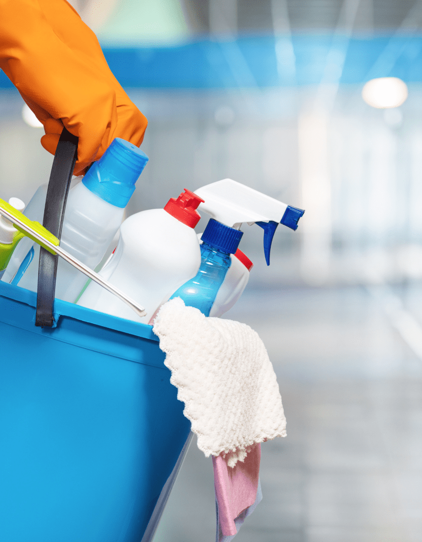 cleaning supplies in a bucket