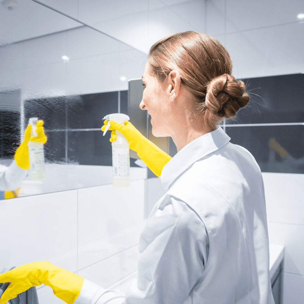 woman cleaning bathroom mirrors